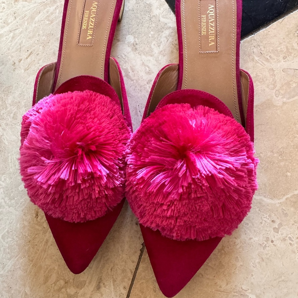 Aquazzura Hot Pink Pom-Pom Pointed Toe Flats